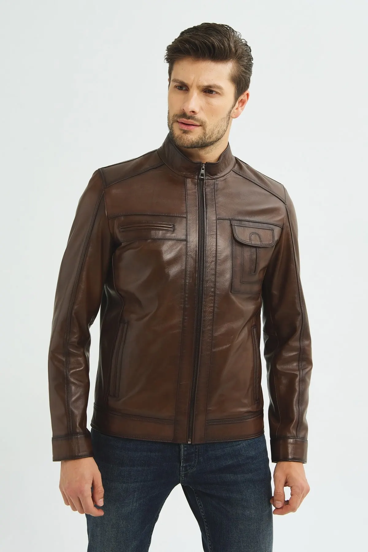 Brown genuine leather jacket men sports jacket Autumn Spring season casual fashion clothing handmade products Turkey