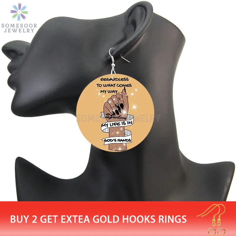 SOMESOOR Both Sides Printed God's Hand Wooden Drop Earring Black Beauty Power Fist Design Wood Ear Dangle Jewelry For Women Gift