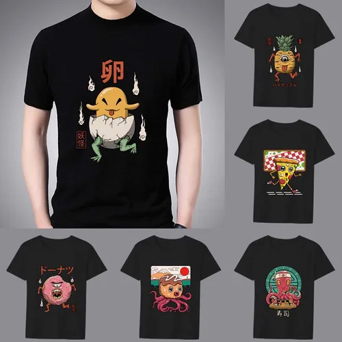 Camiseta Popular informal de Anime con cuello redondo para hombre, camiseta ajustada con estampado de monstruo bonito de dibujos animados, camiseta negra suave para ir al trabajo