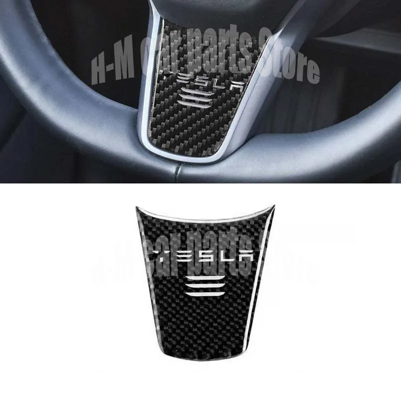 1pc Fibra di Carbonio Styling Auto Sterzo Decorazione Ruota Copertura Modifica Sportivo con Logo Adesivo Accessori per Tesla Modello 3