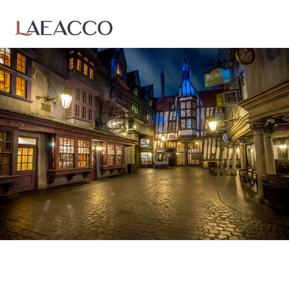 Laeacco Old Town Street House Street Shop Night Scenic Photographic Backgrounds Photography Backdrops Photocall Photo Studio