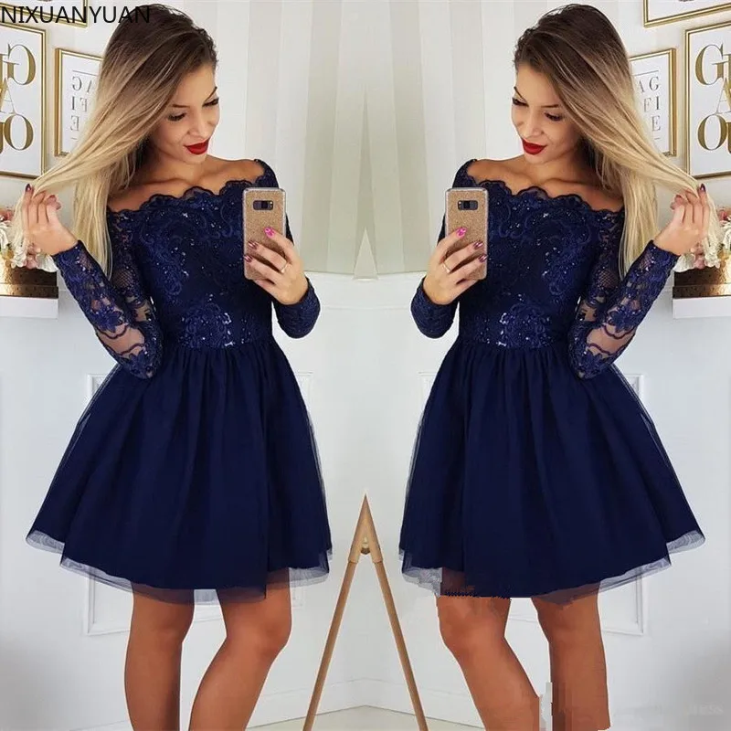 

Long Sleeves Lace A-Line Homecoming Dresses Tulle Applique Short Prom Dresses Cocktail Party Dresses Vestidos De Festa