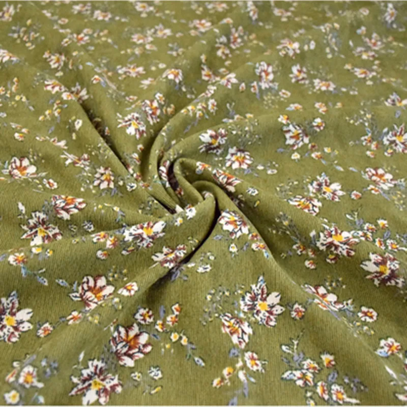 Half Meter Autumn Green Little Flower Print Cotton Corduroy Fabric For Cheongsam Trousers Girl Garment Material T1487