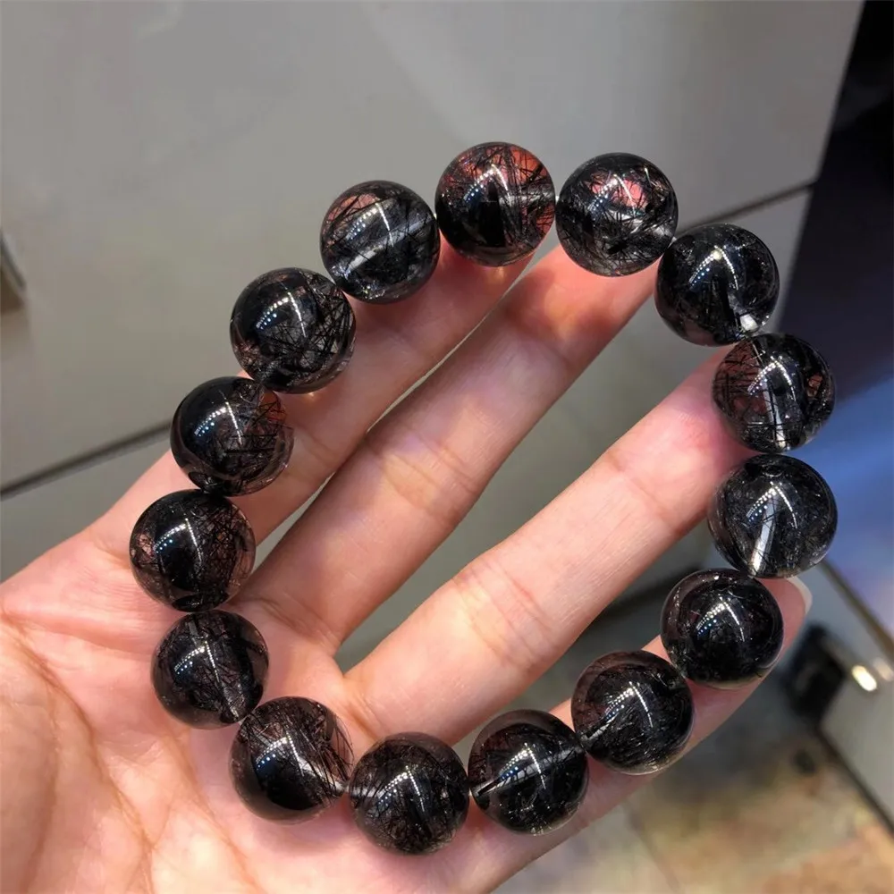 

14mm Top Natural Black Rutilated Bracelet For Woman Man Quartz Wealth Crystal Brazil Round Beads Gemstone Stretch Jewelry AAAAA