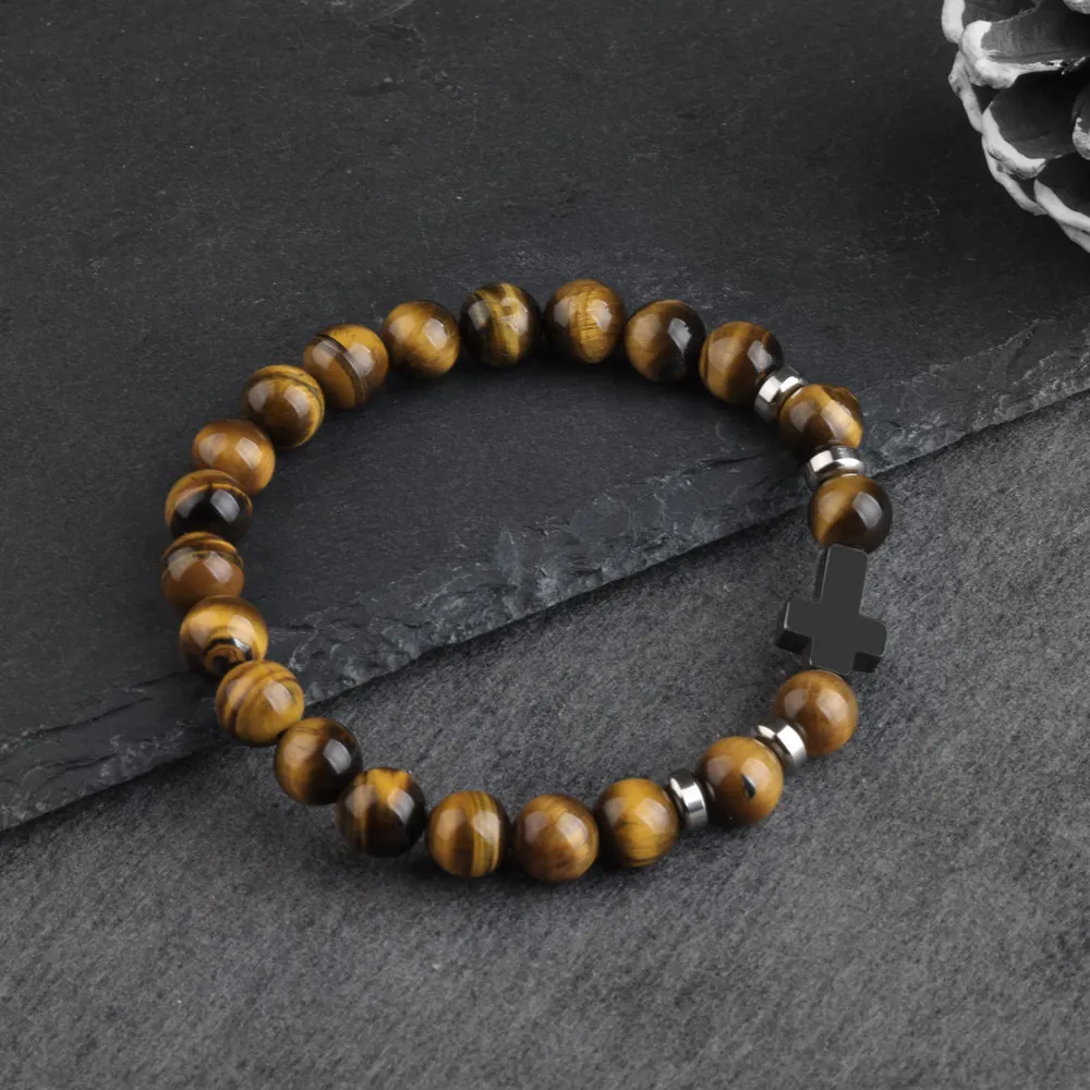 Natural Stone Bracelets Hematite Cross Pendent 8mm Tiger Eye Black Onyx Lava Howlite Bead Elastic Rope Bracelet For Men Gift