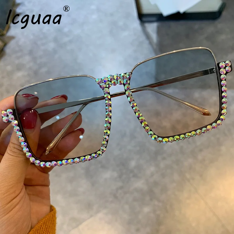 

crystal Square Half frame Sunglasses Women Fashion Clear Lens Diamond Frame Gradient Blue Tea Elegant Female Eyewear UV400