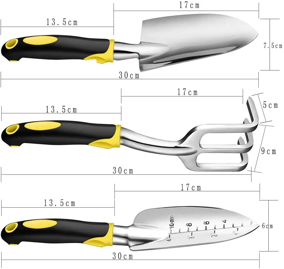 3Pcs 12Inch Cast-Aluminum Gardening Tool Kit Trowel Transplant Trowel Cultivator Hand Rake Rubberized Non-Slip Ergonomic Handle