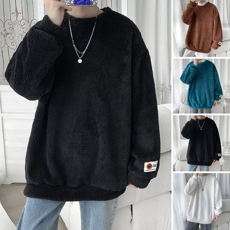 Jesienno-zimowy nowy męski lamb aksamitny sweter czysty kolor ciepły sweter moda swobodny sweter