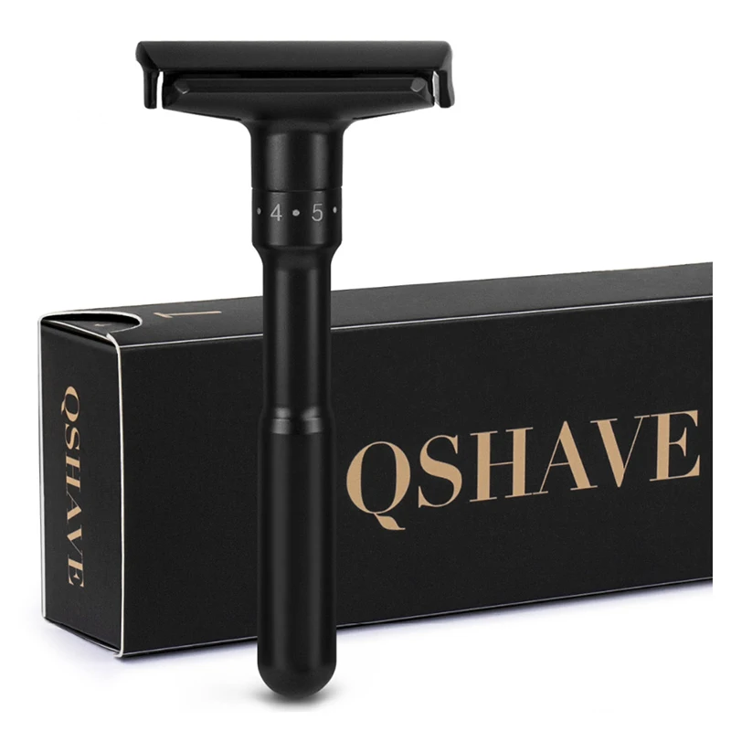 QShave Luxurious Black Adjustable Safety Razor Can Design Name on It Classic Stand Safety Razor Men Shaving 5 Gift Blades