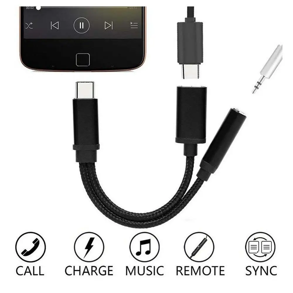 نايلون 2 في 1 Type-C إلى 3.5 مللي متر شاحن سماعة الصوت جاك USB C كابل نوع-C إلى 3.5 مللي متر موصل محول للهاتف المحمول