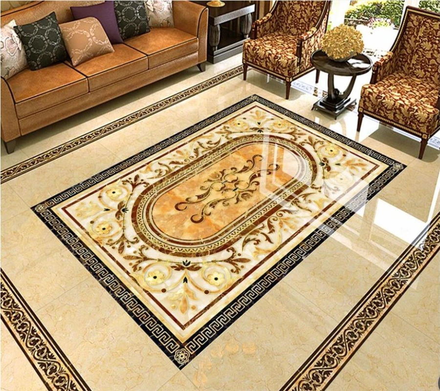 high-end Custom floor painting 3d wallpaper high temperature burning European marble floor tile mosaic pattern papel de parede