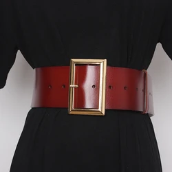 Arnés de cinturón ancho para mujer, cinturón de moda Vintage con hebilla de Pin grande, cinturón vaquero rojo y negro, corsé de cuero