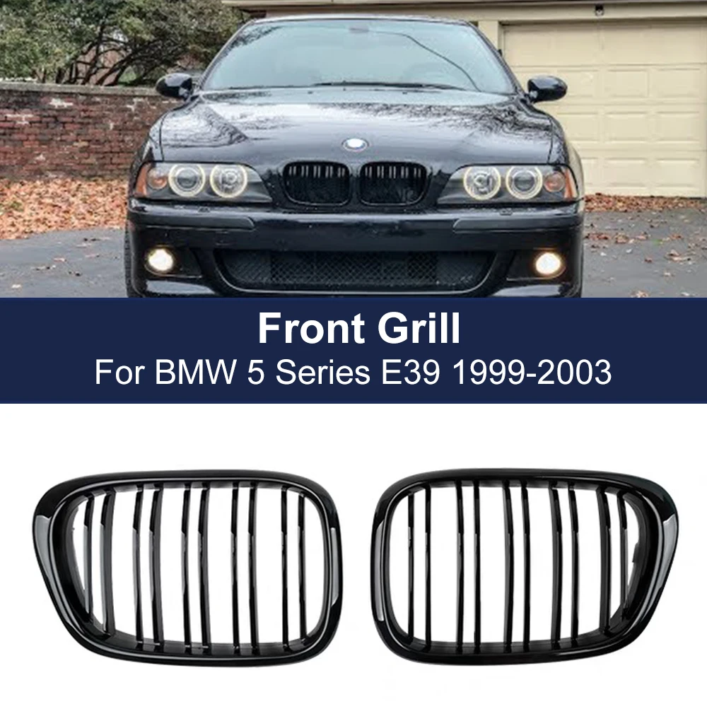 

One Pair Car Front Bumper Kidney Grille Dual Line Slat For BMW E39 5-Series 525 528 95-04 Matte Glossy Black Replacement Parts