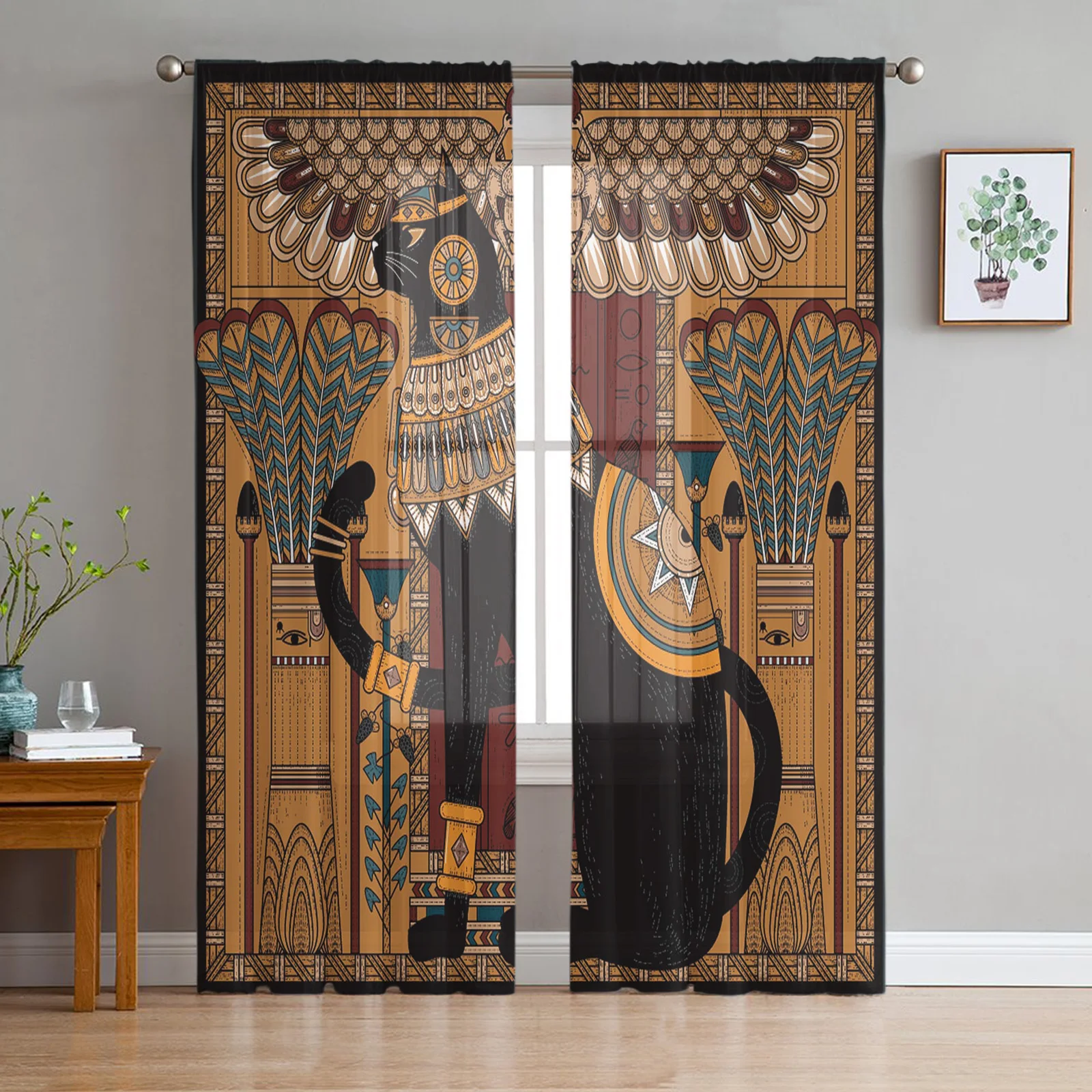 Ancient Egypt Art Cat Feather Retro Curtains For Living Room Bedroom Transparent Tulle Curtains Window Drapes Sheer Curtain