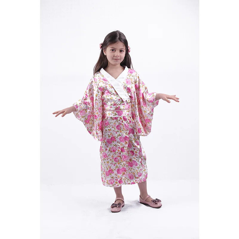 

Kawaii Pink Sleepwear Girl Traditional Kimono Dress Cardigan Yukata with Obi Belt Sakura Floral Print Japanese Style Homewear