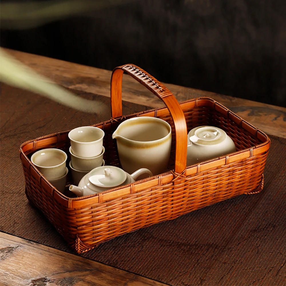 Chinese Traditional Style Natural Bamboo Basket Fot Teacup Teapot Tea Cake Outdoor Portable Storage Baksets For Ftuit Vegetables