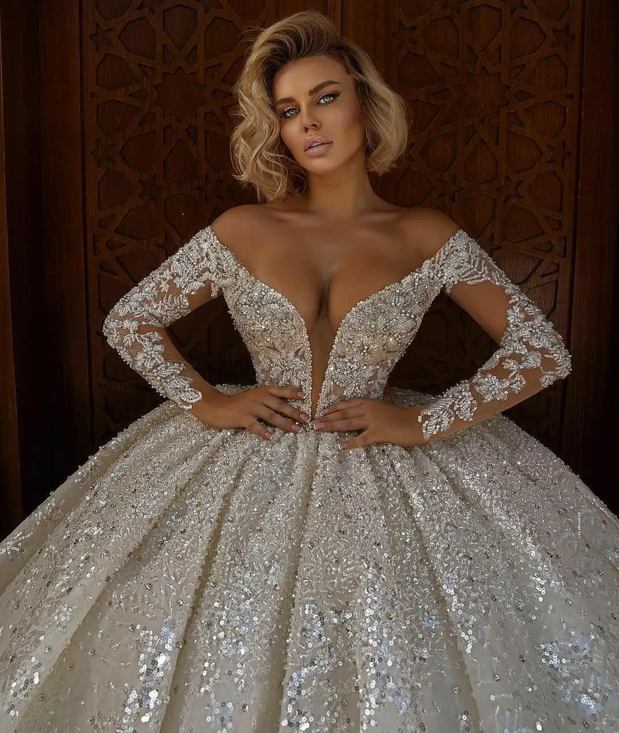 Arabic Vintage Ball Gown Wedding Dresses Long Sleeves Deep V Neck Bridal Plus Size Wedding Gowns vestido de novia