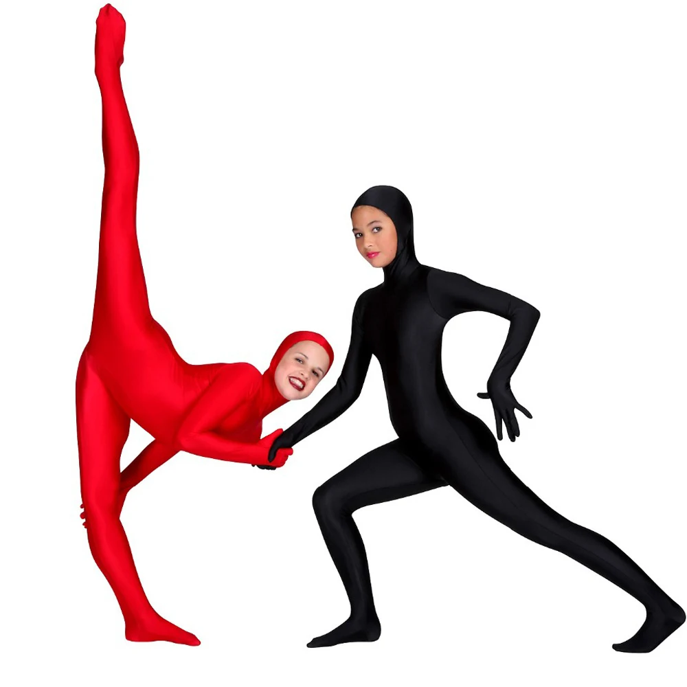 LZCMsoft Children Full Body Unitard Open Face Nylon Kids Spandex Zentai Costumes Long Sleeve Hooded Black Skin Zentai Bodysuits