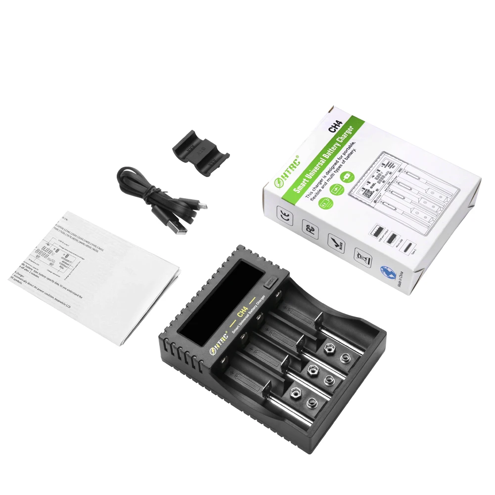 HTRC AA AAA 18650 شاحن بطارية شاشة الكريستال السائل 4 فتحات الشواحن الذكية لبطاريات Li-ion Li-Fe Ni-MH Ni-CD 26650 6F22 16340 9 فولت