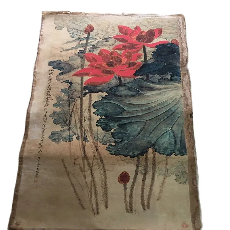 Chinese Old Scroll Zhang Daqian - Golden Thread Lotus Pictures Painting Rice