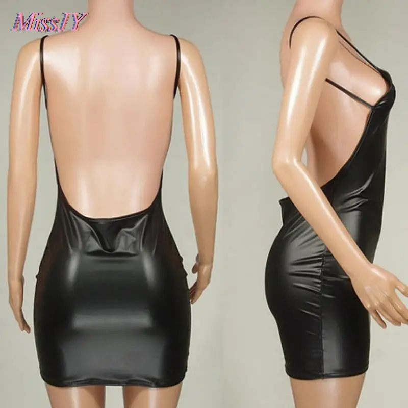 Sexy Faux Leather Dress Backless Club Party Short Dress Solid Black Wet Look Latex Bodycon Push Up Bra Mini Micro Dress