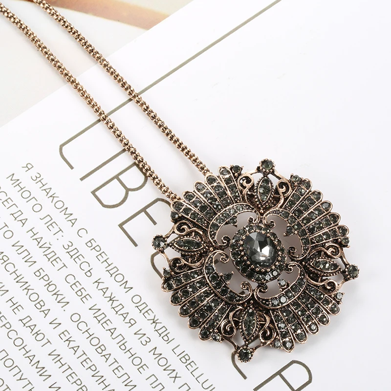 Kinel Unique Gray Crystal Flower Bridal Necklace For Women Antique Gold Luxury Beach Party Drop Necklace Vintage Jewelry