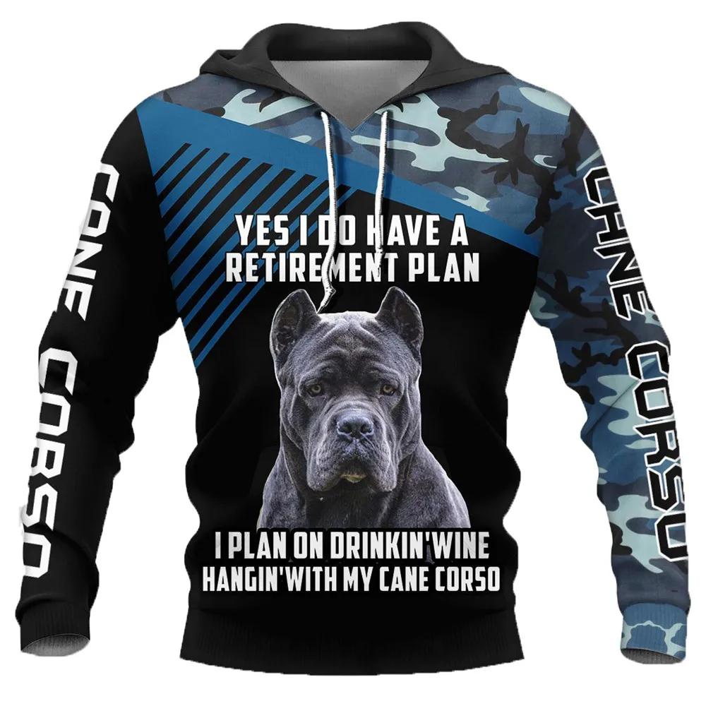 HX Cane Corso Printed Hoodies Navy Camouflage Retirement Plan Hoodie Shirts Personality Animals Pets Pocket Hooded