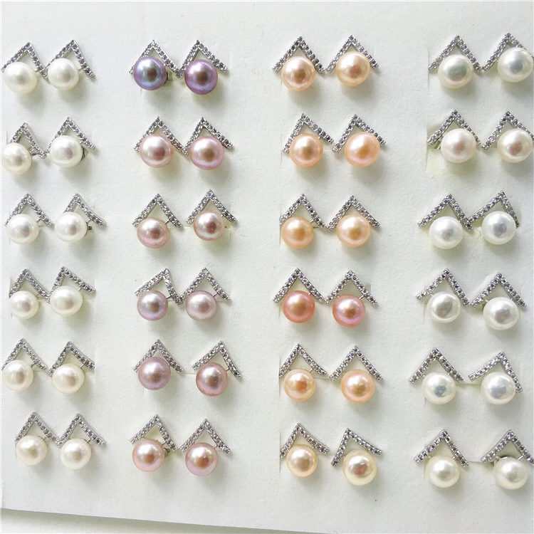 Wholesale 100pairs/lot Hot Triangle Style Real Freshwater Pearl Earrings Silver Plated Stud Earrings Nice Party Wedding Gift