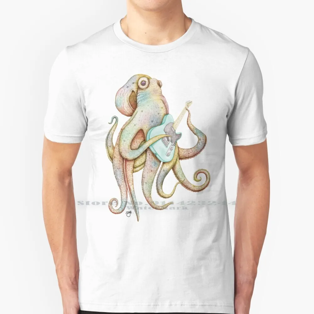 Polah-The Axe Wielding Octopus ( On Black ) 100% Cotton T Shirt Octopus Telecaster Electric Guitar Tee Short Sleeve Long Sleeve