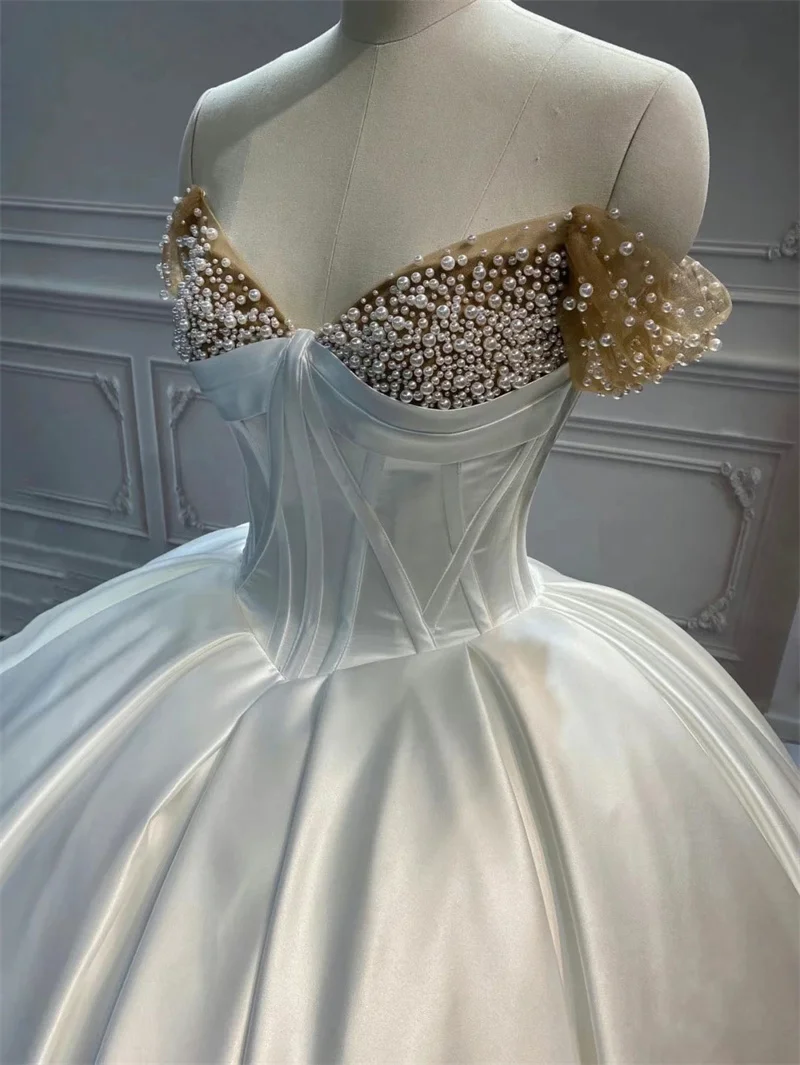 Pérolas vestido de casamento branco fora do ombro mangas curtas vestidos de noiva sem alças feito sob encomenda rendas até graciosa vestido de novia