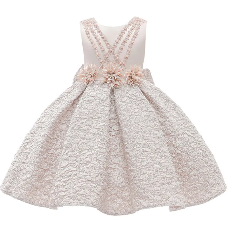 Kids Clothes Children Girls Princess Dress Beads Bow Baby Girls Christmas Party Dress Floral Ceremony Girls Costume Ball Gown