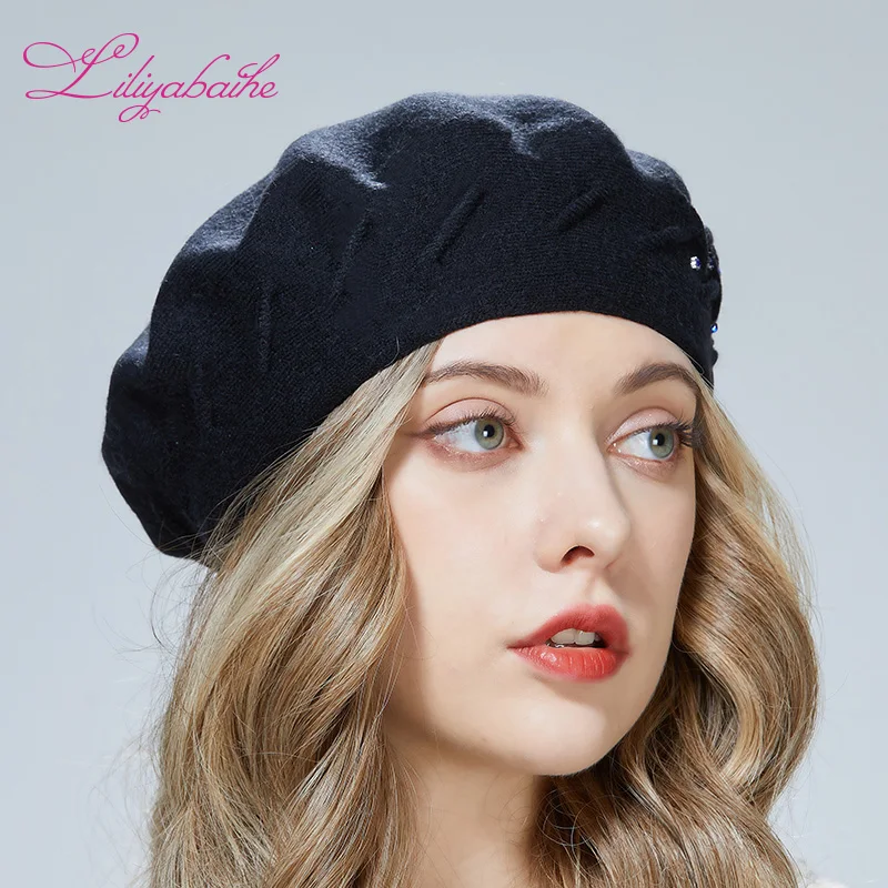 Liliyabaihe women winter hat Wool knit berets High-end diamonds of the same color decoration Popular folds fashion lady hat