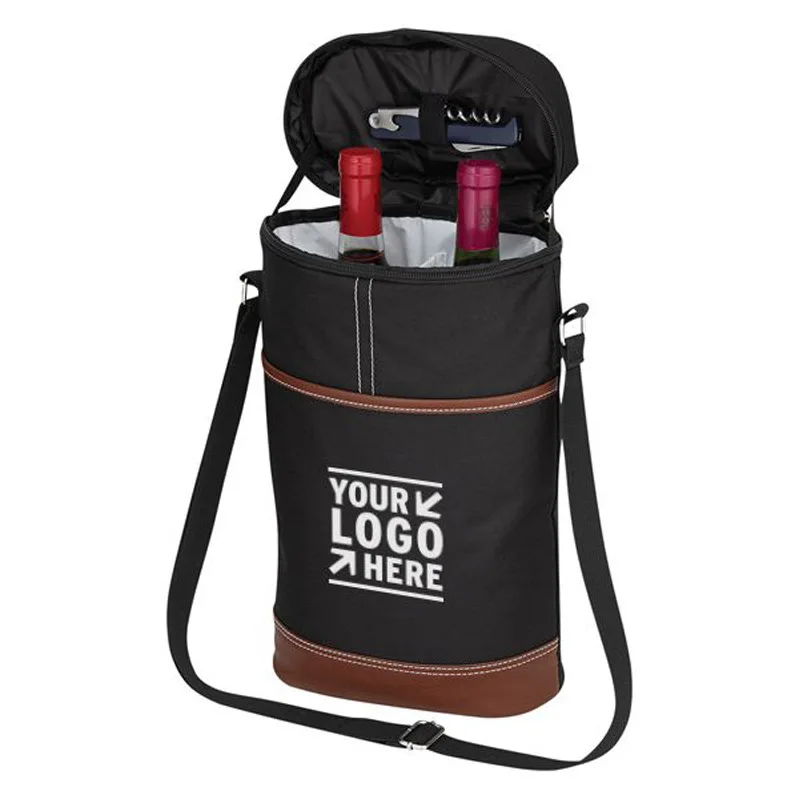 Customized Logo Wine Bag Thermal Cooler for Beer Carrier 2 Bottles Insulated Bottle Tote Chiller Opener