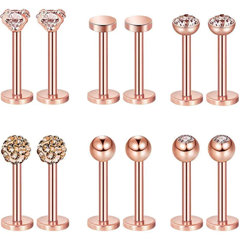 12PCS Stainless Steel Labret Piercing 16G Lip Ring Crystal Lip Helix Piercing Tragus Earring Cartilage Stud Body Pircing Jewelry