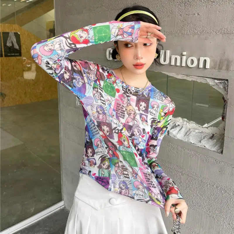 Karrram Sweet Cartoon Print Mesh Top Y2k Aesthetic Long Sleeve T Shirts Women Anime E Girl Kawaii Clothes 90s Sexy Streetwear