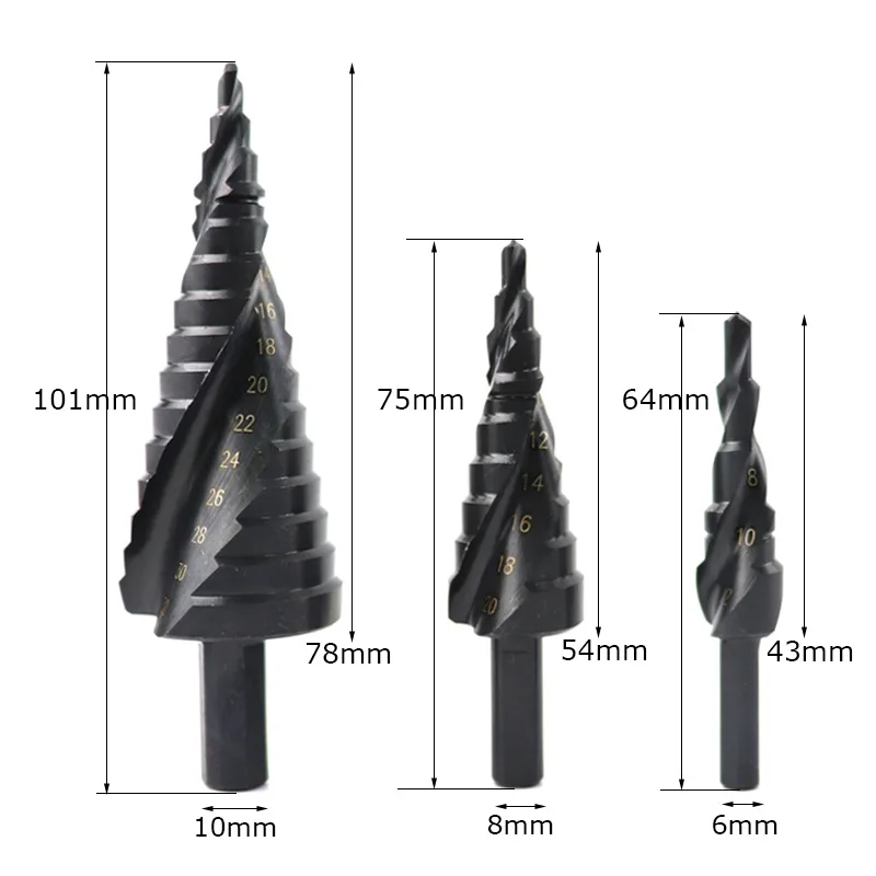 3PCS/SET 4-32MM HSS Nitrided  High Speed Steel Spiral For Metal Cone Triangle Shank Hole Metal drills  three-blade step drill