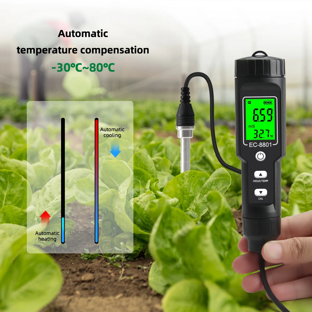 Digital EC/Temp Soil Tester 0.00~10.00mS/cm Conductivity Meter High Accuracy Sensor with ATC for Hydroponics Planting Gardening