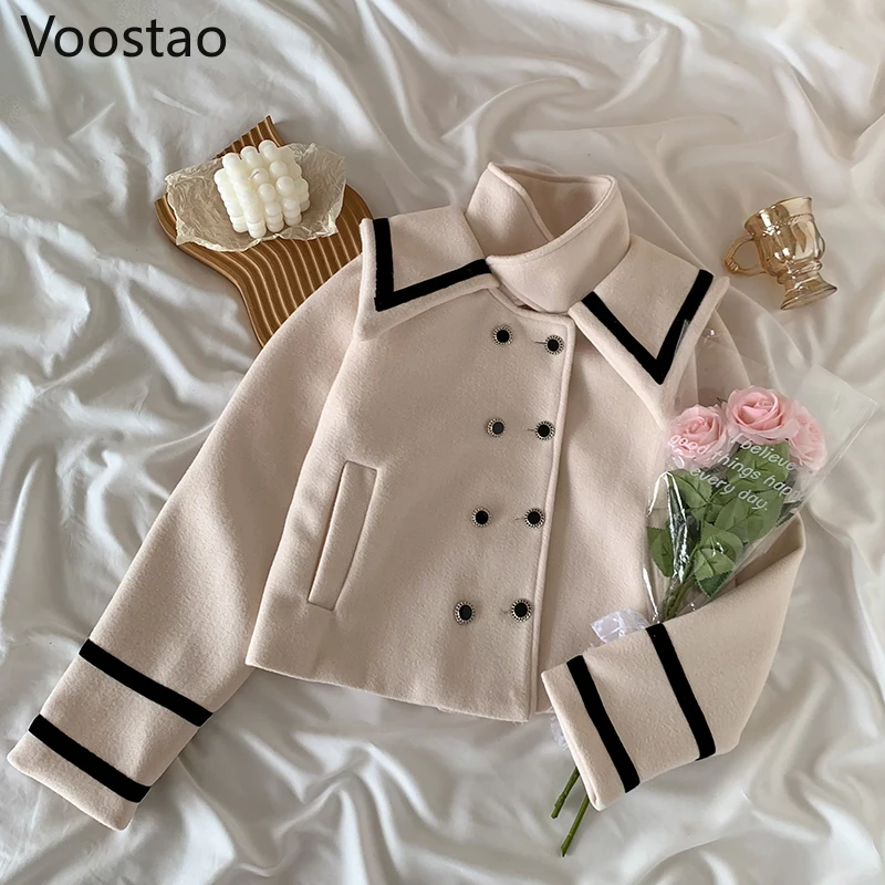 Autunno inverno donna dolce lana Set 2 pezzi stile Preppy elegante colletto alla marinara cappotto top vita alta Mini gonne a pieghe abito