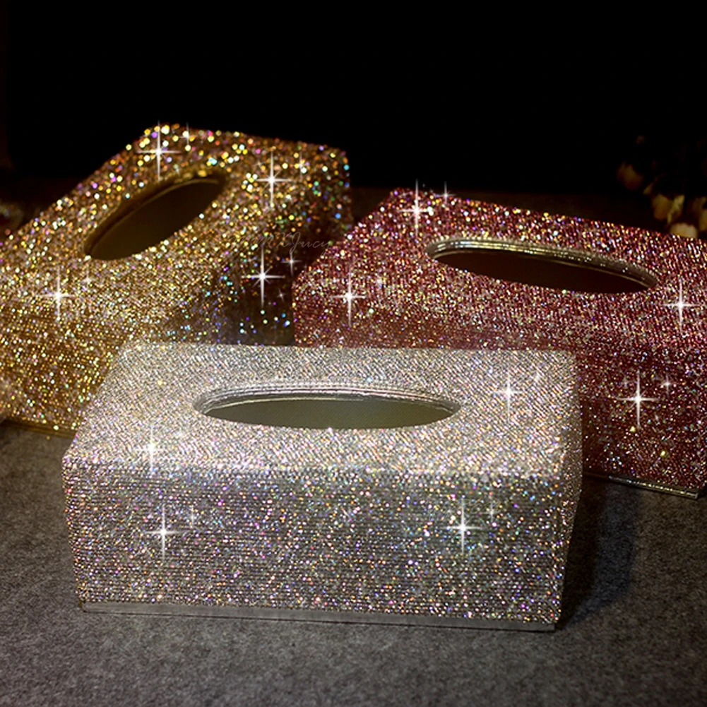 1pc Car Napkin Box Seating-type Stylish Set Rhinestone Delicate Full Cystal Design Tissue Box