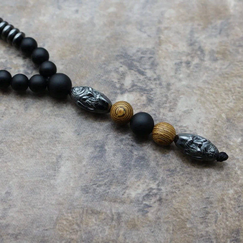 Neues Design 6mm Naturstein schnitzen Perlen Halskette Männer schwarz Hämatit lange Halskette alten Mann Kopf Anhänger Halskette Schmuck PQ-05 – Detail 3