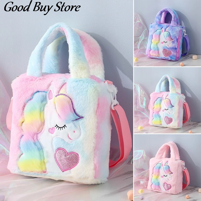 Bolsa de ombro de unicórnio de desenho animado, bolsa de cintura de pelúcia para crianças, totes de animais coloridos, fashion, bolsa de inverno para meninas