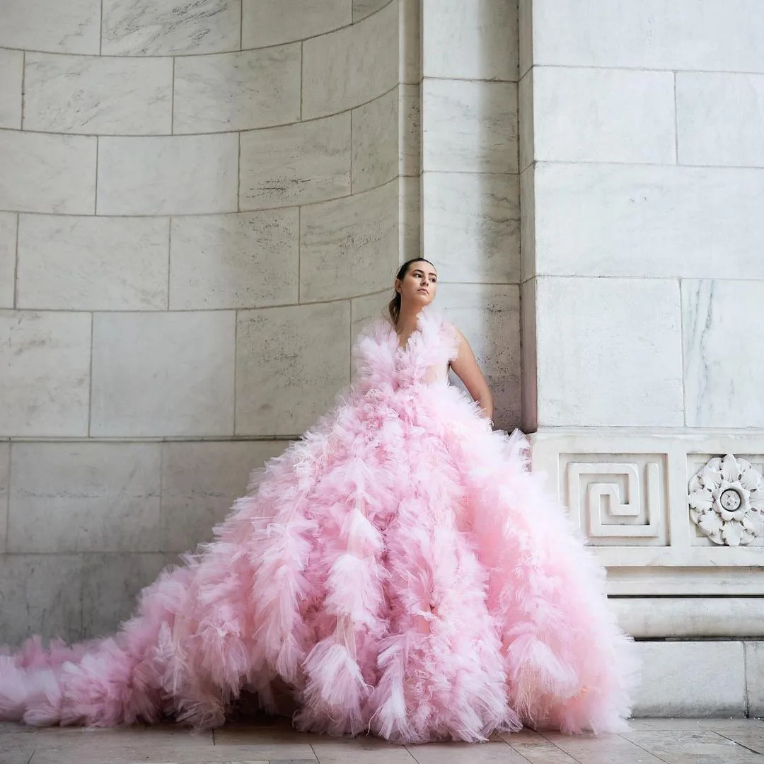 Abito da ballo in Tulle rosa abito da sposa con scollo a v davvero gonfio abiti da sera abbaglianti abito da ballo formale da donna con abito da sposa in treno