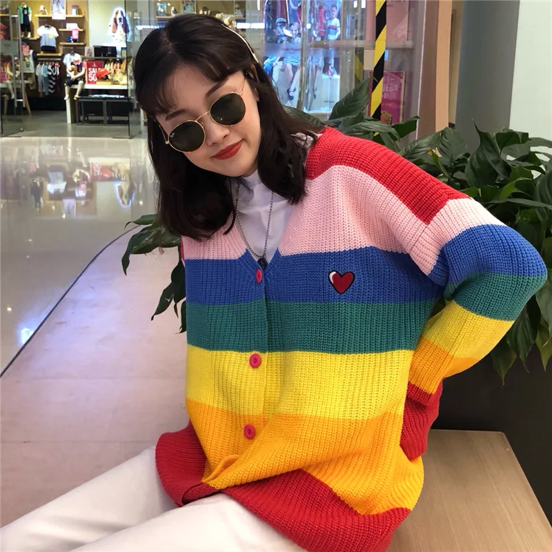 Woherb 2024 Autumn Harajuku Cardigan Women Striped Rainbow Sweater Coat Female Loose Sweaters Letter Embroidery Jumper Cardigans