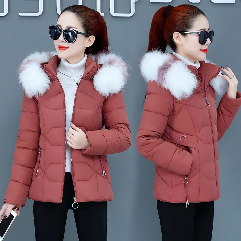 2022 New Winter Jacket Women Parkas Faux Fur Collar Hooded Jacket Female Down Cotton Jacket Parka Outwear Ladies Overcoat P955