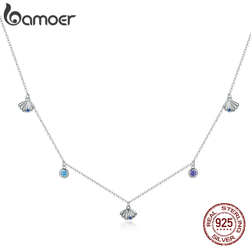 bamoer Authentic Silver Seashell Necklace 925 Sterling Silver Blue CZ Love Necklace Gift for Girl Statement Fine jewelry SCN454