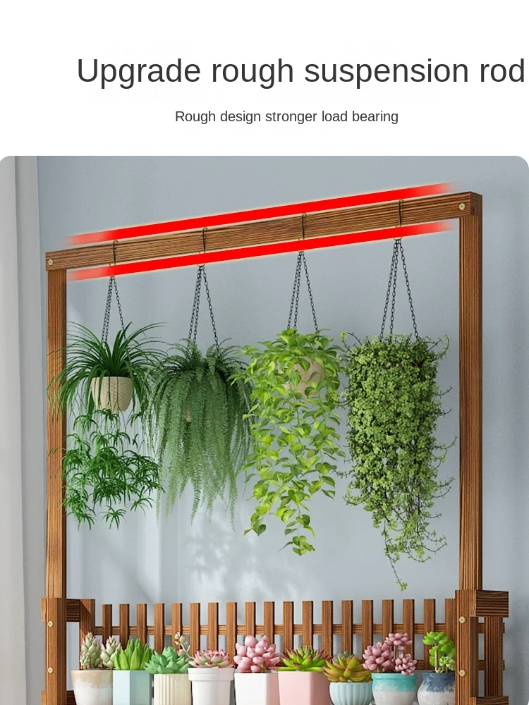 TTSolid Wood Flower Stand Storage Rack Multi-Layer Mobile Green Radish Hanging Flower Rack Living Room Floor-Standing Plant Rack