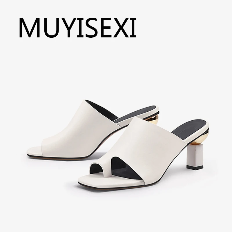 

Square toe 7cm high chunky heel lady flip-flops mules street wear summer cozy pure color black white fashion pump HL253 MUYISEXI