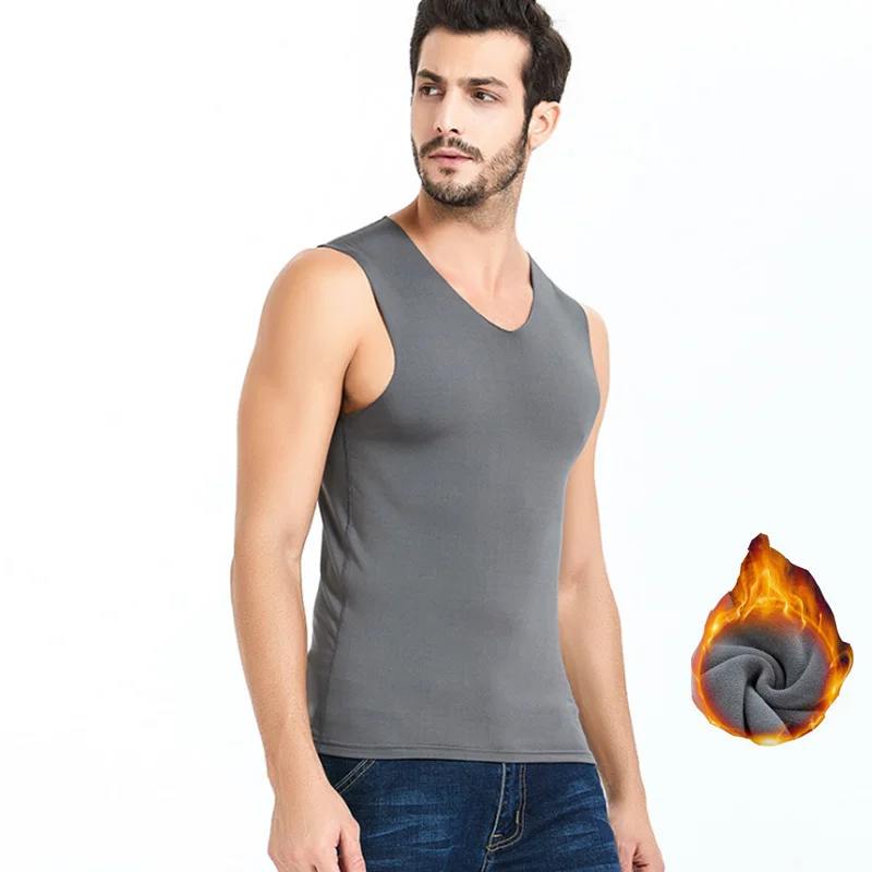 

Men Winter Autumn Thermal Underwear Tops Tanks Velvet Double-Sided Sanding Seamless Warm Sleeveless V-Neck Male Vest