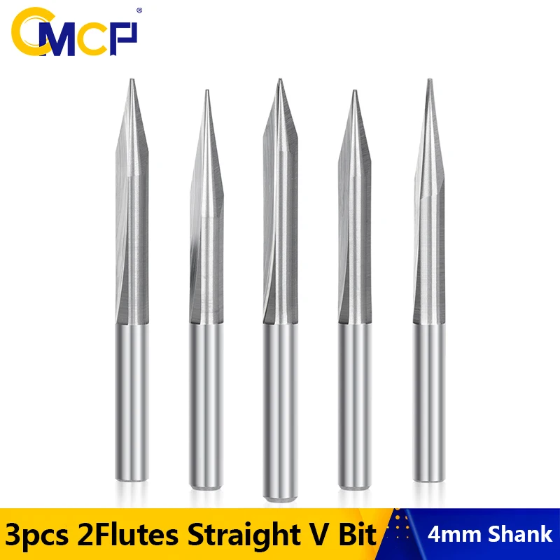 CMCP 나무 조각 3pcs 20 25 30도 2 피리 스트레이트 V 비트 4mm 생크 엔드 밀 CNC 커터 밀링 도구