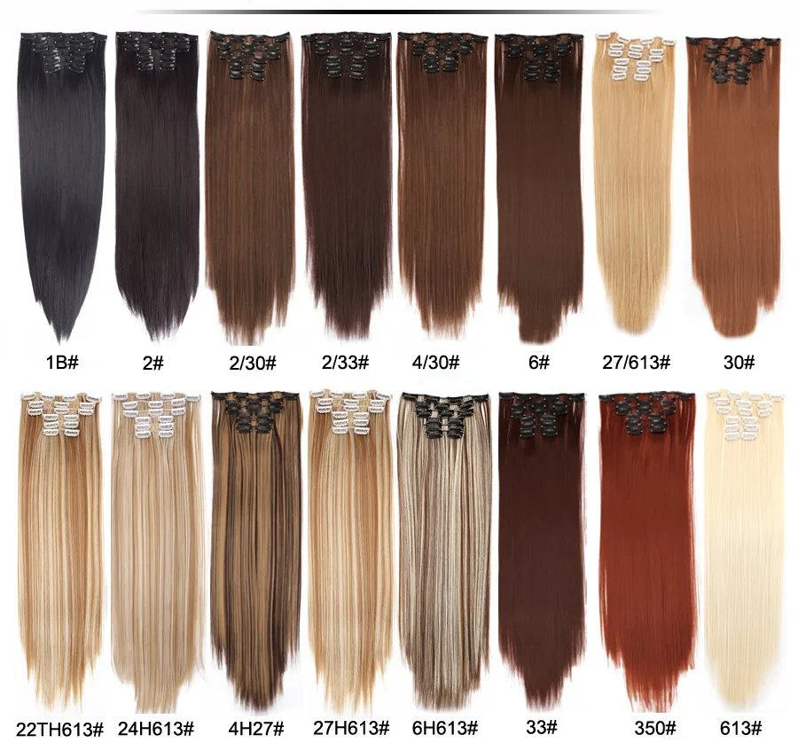 Alileader 22 Zoll Synthetische Haar Schwarz Blonde Lange Gerade Haar Extensions Lockige Welle 16Clips Haarteil Gefälschte Haar 6Set für Frauen